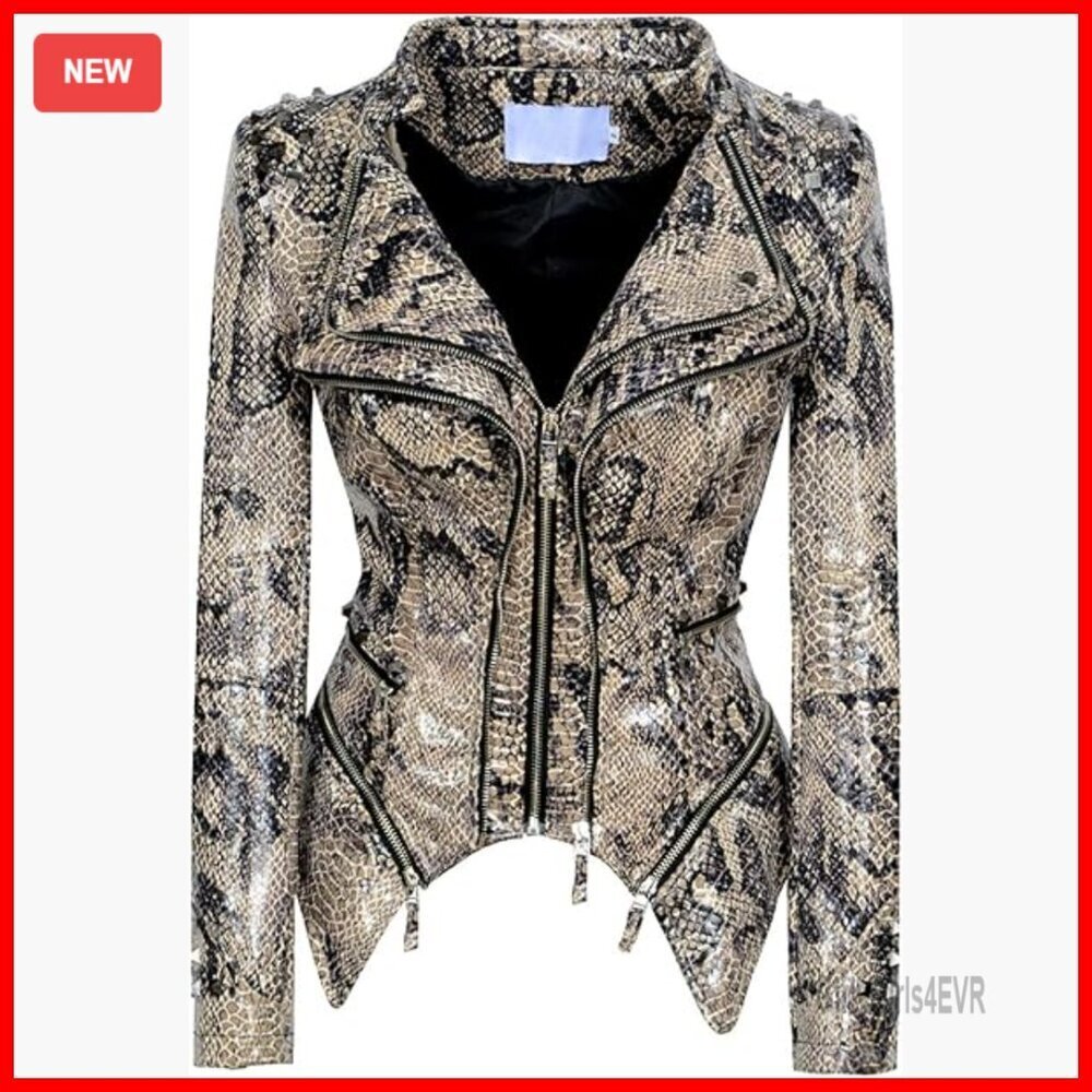 Snake Pattern Studded Moto Leather Biker Jacket Slim Fit Women's